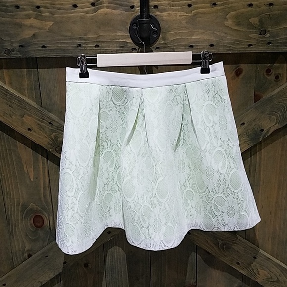MUSTARD SEED LIGHT GREEN SKIRT W WHITE LACE OVERLAY PLEATED MINI FAIRY WHIMSICAL - Picture 1 of 8